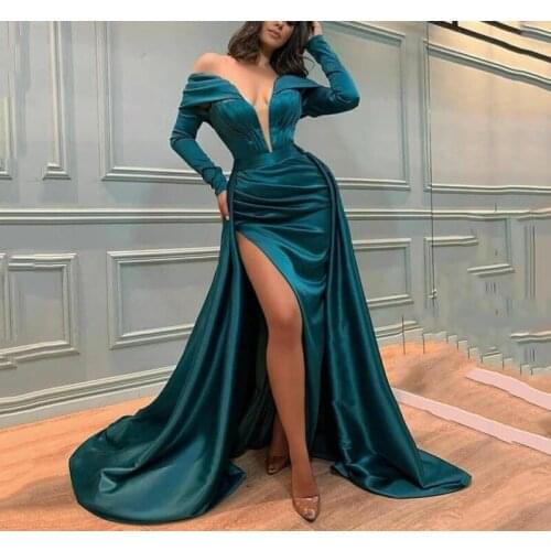 Teal Satin Long Sleeve Prom Dress 2021 High Split Side Off Shoulder Evening Formal Party Gowns robes de soirée