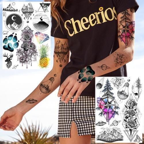 Large Rose Flower Temporary Tattoos For Women Geometric Mountain Tattoo Sticker Pine Tree Body Armbands Galaxy Tatoos Waterproof