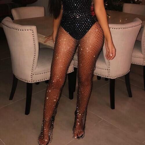 Crystal Diamond Mesh Long Pants Women Summer Hollow Out Elastic Sexy Fishnet Trousers Fashion See Through Beachwear Pant Female