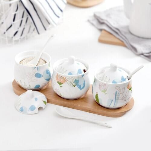Household Seasoning Pot with Bamboo Tray Ceramic Condiment Storage Jar Spice Jar Soy Sauce Box Salt Sugar Can Kitchen Organize