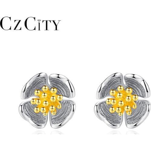 CZCITY Vintage Fresh Flower Handmade Stud Earrings for Women Natural Creative Earrings 925 Silver Sterling Fine Jewelry Brincos