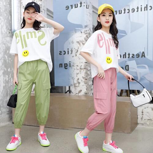 Childrens Wear 4-14Y Clothing Set Summer Girls Sport Suits Fashion Letter Print School Style Kids Girl Party Clothes 3 Colors
