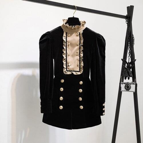Elegant Velvet Two Piece Suit Women Chic Ruffles Long Sleeve Blouses + Shorts 2021 Autumn Winter Korean Office Lady Vintage Set