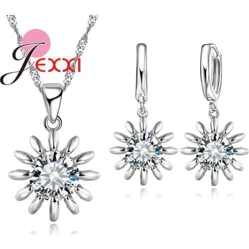 Big Crystal Flower Shape Women Silver Jewelry Fashion Hotsale Necklace And Earrings Set Boys Best Gift For Birthday Girls