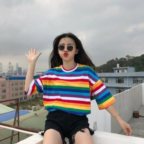 DAXIN Colorful T Shirt for Women Rainbow Striped Tops Harajuku Tshirt Summer Short Sleeve Korean Punk T-shirt camiseta feminina