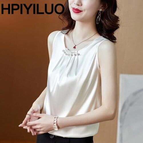 Ladies Satin Beaded Diamonds Summer O-Neck Vest Silk Elegant Tank Tops Women Sleeveless Solid Color Female Loose Casual T-Shirt