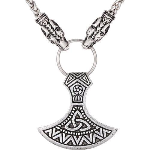 Nordic Viking Wolf Head Scandinavian Celtics Axe Talisman Pendant Necklace Mens Necklace Jewelry