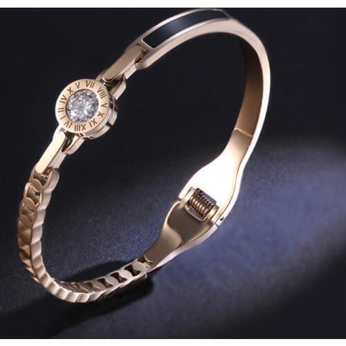 TJP New Arrival 316L Stainless Steel Women Bangle Bracelets Fashion Cubic Zirconia Rose Gold Bracelets Bangle Jewelry