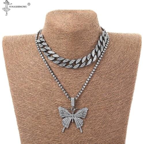 Iced Out Cuban Link Chain Butterfly Necklace Set Choker Necklace Women Blinged Chain Chocker Hip Hop Butterfly Pendant Jewelry