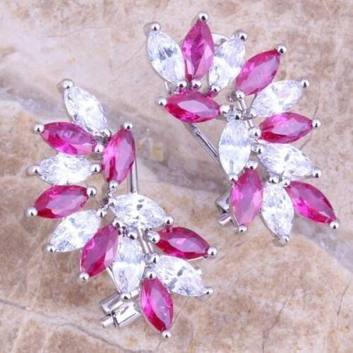 Stunning Red Cubic Zirconia White CZ Silver Plated Clip Huggie Earrings S0236