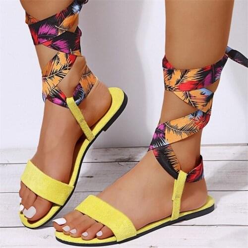 Summer Fashion Sweet Womens Flat Cross Strap Sandals Vintage Mixed Colors Narrow Band Open Toe Ankle Lace-up Ladies Shoes