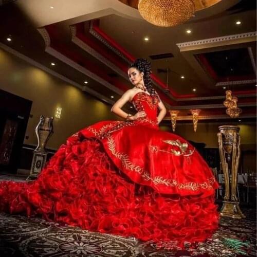 Sexy Sweetheart Red Embroidery Ball Gown Quinceanera Dresses Satin ruffles Lace Up Floor Length Vestido De Festa Sweet 16 Dress