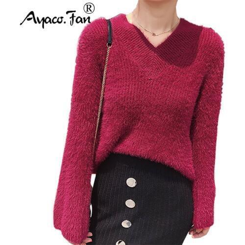 Loose Sweaters 2019 Autumn Winter New Sexy V-Neck Flare Sleeve Solid Knitting Pullovers Casual Lady Warm Sweater for Women Femme