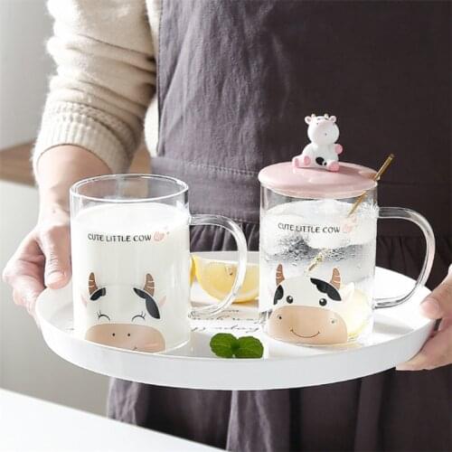 Heat Resistant Glass Cute Cartoon Cow Coffee Mug with Porcelain Lid and Spoon Breakfast Milk Cup Office Tea Cups Drinkware 450ML