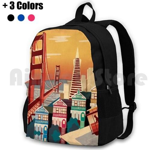 San Francisco Outdoor Hiking Backpack Waterproof Camping Travel San Francisco Golden Gate Bridge Painted Ladies Streetcar Retro