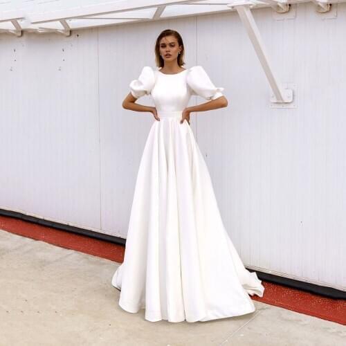 UZN Boho Ivory A-Line Wedding Dress Scoop Neckline Lantern Sleeves Satin Bridal Gowns Dubai Elegant Simple Brides Dress Customiz