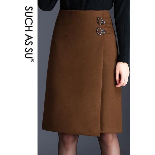 Splice Asymmetrical Skirt Women 2020 New Fall Winter Brown Black Knit High Waist Irregular Skirt S-3XL Size Office Lady Skirt