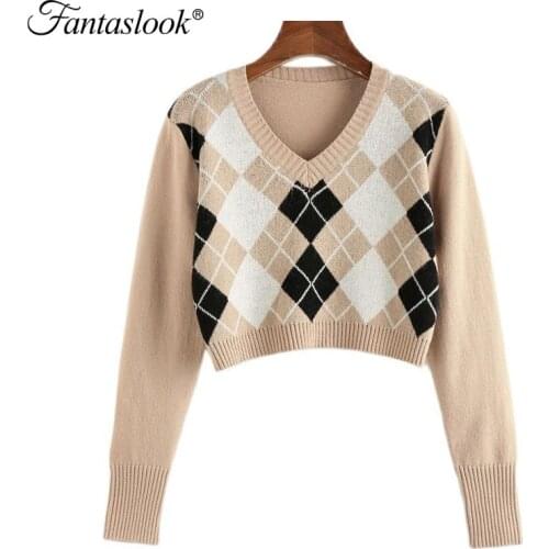 Women Argyle Knitted Sweater Casual Long Sleeve V-Neck Pullover Sweaters Female Jumper Vintage Preppy Style Crop Knit Tops
