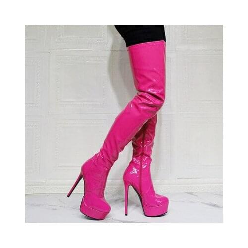 Women Crotch High Platform Boots Shiny Patent Side Zip Stiletto Heels Thigh High Boots Cosplay Plus Size 44 46 50 52