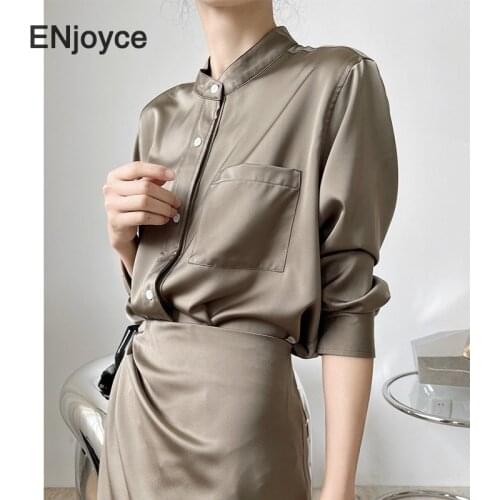 Women New Chic Satin Shirts French Style Round Neck Loose Thin Gloss Draping Blouse Office Ladies Vintage Top Spring Summer 2021