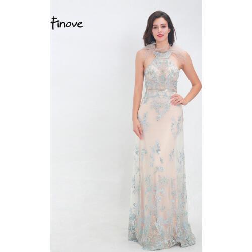 Finove Prom Dress 2020 Long New Elegant Tulle Embroidery High Neck Feathers Sexy Backless In Women'Dresses Vestido de fiesta