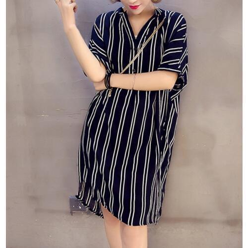 Women V Neck Fashion Striped Dress Ladies Short Sleeve Print Stripe Loose Dress Vestidos