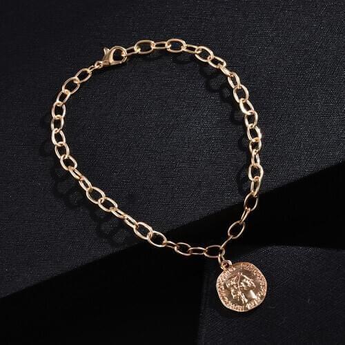 2020 New Fashion Simple Retro Avatar Round Charm Bracelets Coin Jewelry Gold Color Womens Chain & Link Bracelet