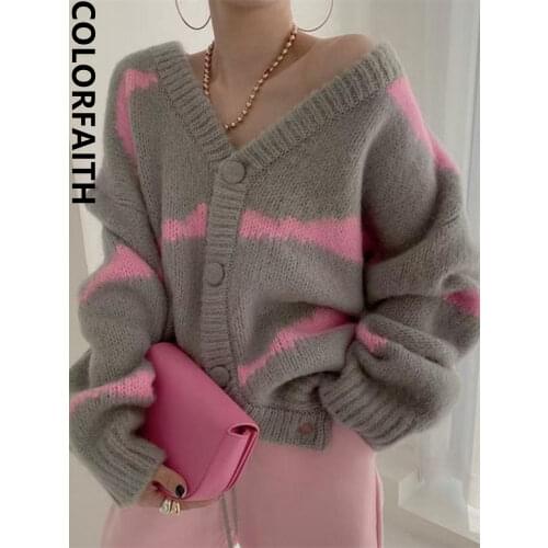 Colorfaith New 2021 Womens Autumn Winter Sweater Thicken Elegant Cardigans Oversized Striped Vintage Knitwear Lady Tops SWC7146