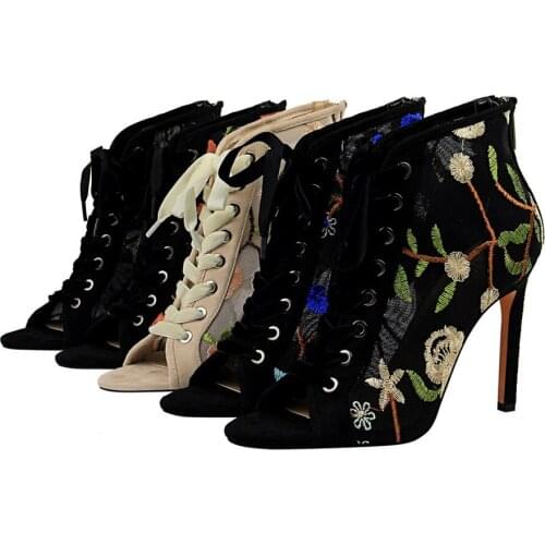 European and American style sexy high heels mesh hollow lace flower embroidered line with fish mouth cold boots and sandals
