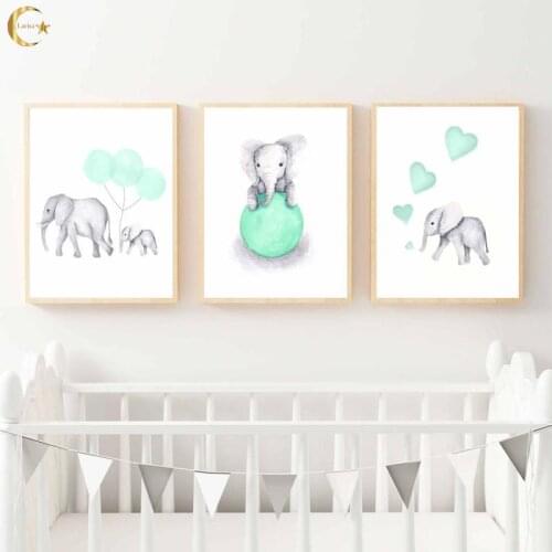 Cartoon Elephant Canvas Painting Nursery Wall Art Prints Animals Green Balloon Heart Poster Pictures for Kids Baby Room Decor