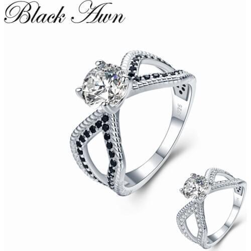 [BLACK AWN] Trendy 3.6g 925 Sterling Silver Jewelry Black Spinel Round Bague Wedding Rings for Women Bijoux C485