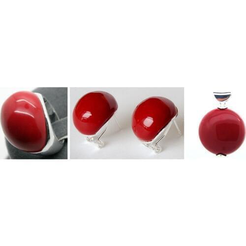 Beautiful Red Carved Lacquer Marcasite 925 Sterling Silver Ring(#7-10) Earrings & Pandent jewelry sets