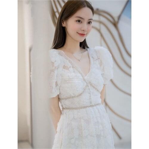 High-End Customization Summer New Arrival Vintage V-Neck Collar Embroidery Dress Lace Elegant Temperament Quality