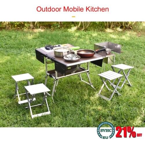 4-7 Person Outdoor Camping Picnic Mobile Kitchen Foldable Table Cookware Set with Folding Stool Cooking Gas Stove C550/C650