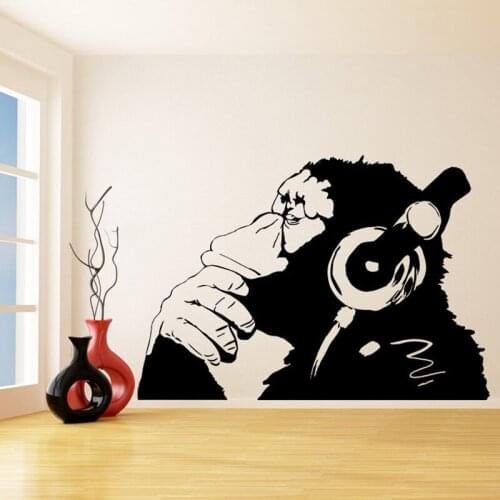 Banksy Vinyl Wall Decal Monkey With Headphones Chimp Listening to Music Home Decor Art Mural Wall Stickers