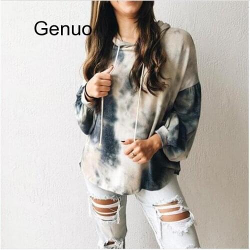 2020 Autumn Fashion Style T-shirt Womens Tie-dye Hooded Drawstring Long Sleeve T-shirt Hip Hop Casual Loose T-shirt