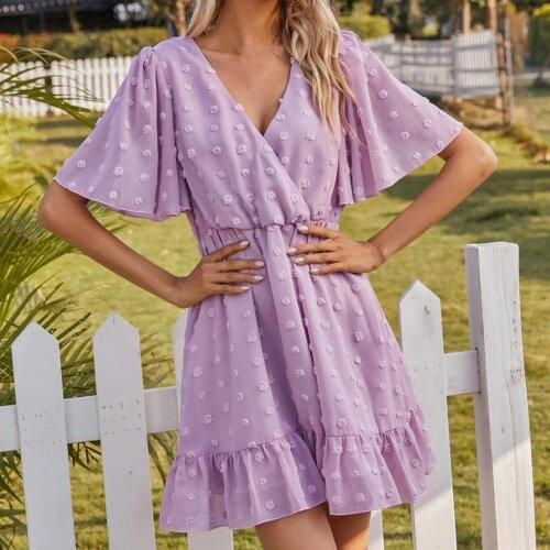 Summer Women Dress V Neck Short Sleeve Solid Color A-line Mini Dress for Office Sexy Party Dresses платье летнее женское2021