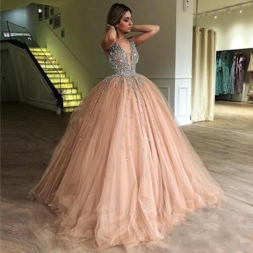Luxury Crystals Ball Gown Prom Gowns 2018 Illusion V Neck Champagne Tulle Sweet 16 Arabic Dubai Women Party Dress Evening Wear