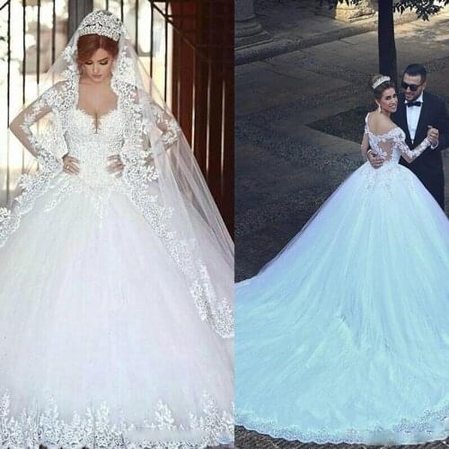 Said Mhamad Sweetheart Long Sleeves Lace Appliques Beads Long Chapel Train Plus Size Bridal Gowns Modern Arabic A Line Wedding D