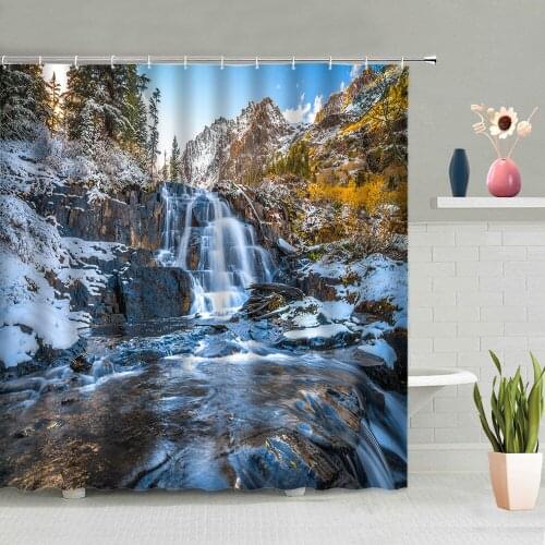 Natural Scenery Shower Curtain Waterfall Sea Stone Snow Mountain Bathtub Decoration Screen Washable With Hooks Set Home Decor