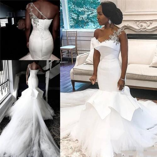 African One-Shoulder Wedding Dresses 2021 Mermaid Beaded Lace Up Plus Size Bridal Gowns Bride Dress Robe De Mariee