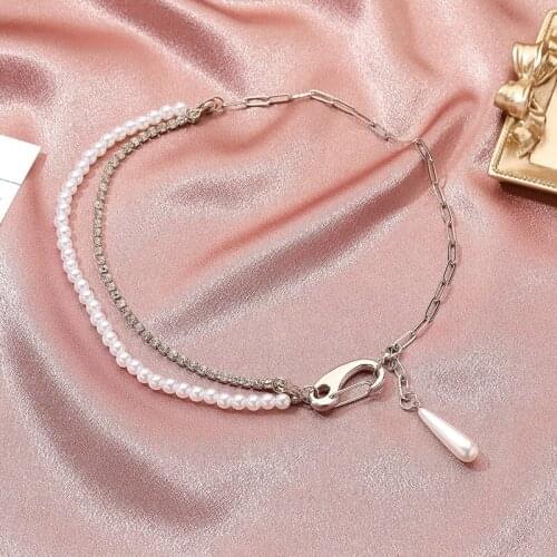 Hip Hop Imitation Pearls Stitching Pendant Necklace Multilayer Clavicle Link Chain Necklace Women Men Goth Party Neck Jewelry