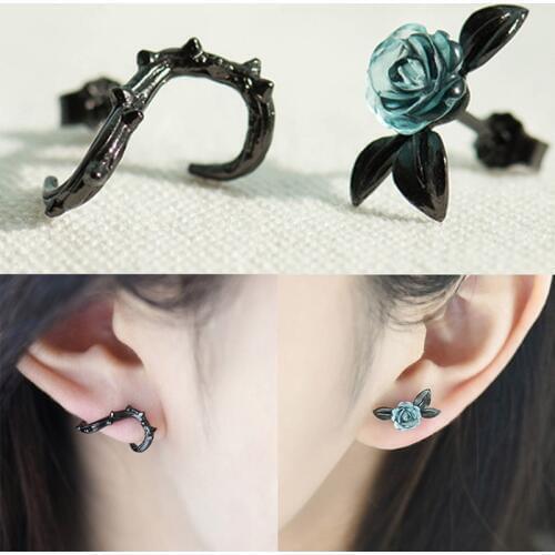 Vintage Thorn Rose Flower Stud Earrings For Women Blue Crystal Asymmetric Earrings Fashion Wedding Jewelry Girlfriend Gift