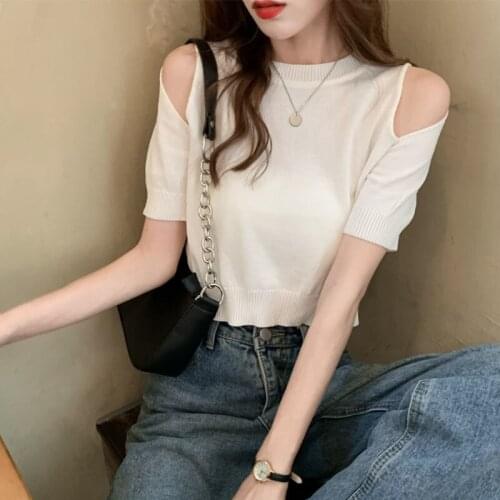 Woman TShirts Knitted Top Summer White Short-Sleeved T-shirt Crop Top Mujer Camisetas