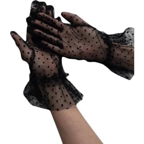 Women Sheer Lace Short Tulle Full Finger Gloves Vintage Polka Dot Ruffled Mitten X7JB
