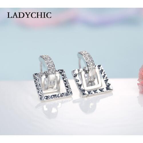 LADYCHIC Fashion Design Square Shape Movable Hoop Earrings Paved Cubic Zirconia Crystal Stone Women Earring Jewelry LE1016