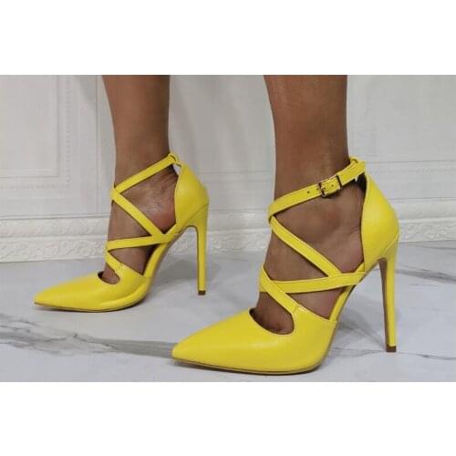 100% Real Photos Fashion Woman Yellow Cross Cuts Out Pointed Toe Pumps Female Sexy Party Stiletto Heels Dress Shoes Big Size 47
