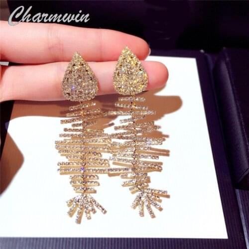 New Fashion Korean Tassel Earrings For Women Exaggerated Rhinestone Fish Long Dangle Earrings Gold Silver Color