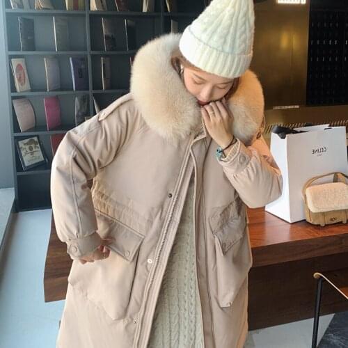 2021 Big Fur Warm Padded Long Big Pockets Female Down Outerwear Hooded Down Jackets Thicken Winter Women White Duck Down Jacket