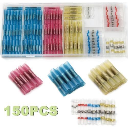 150Pcs Assorted Solder Sleeve Cable Wire Heat Shrink Butt Splice Connectors AWG 22-10 Electrical Wire Cable Crimp Terminals Kit